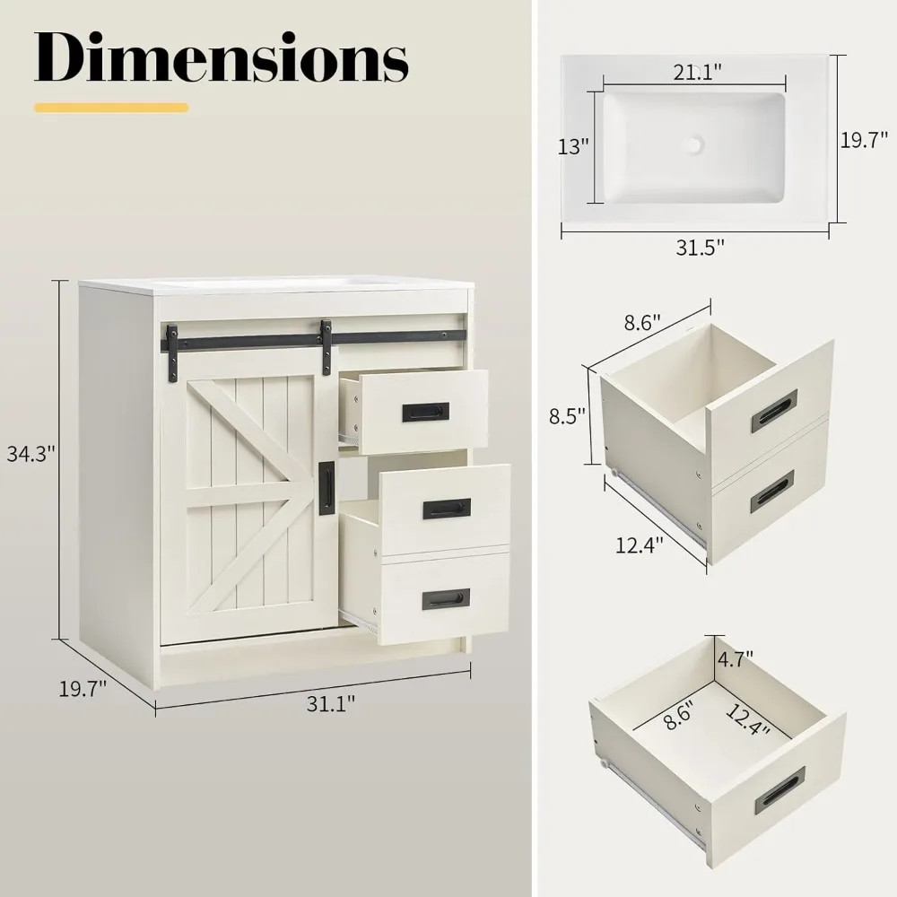 31" Farmhouse Sliding Barn Door Bathroom Vanity with Sink Combo Bathroom Vanity Cabinet with Drawers Distressed White 2