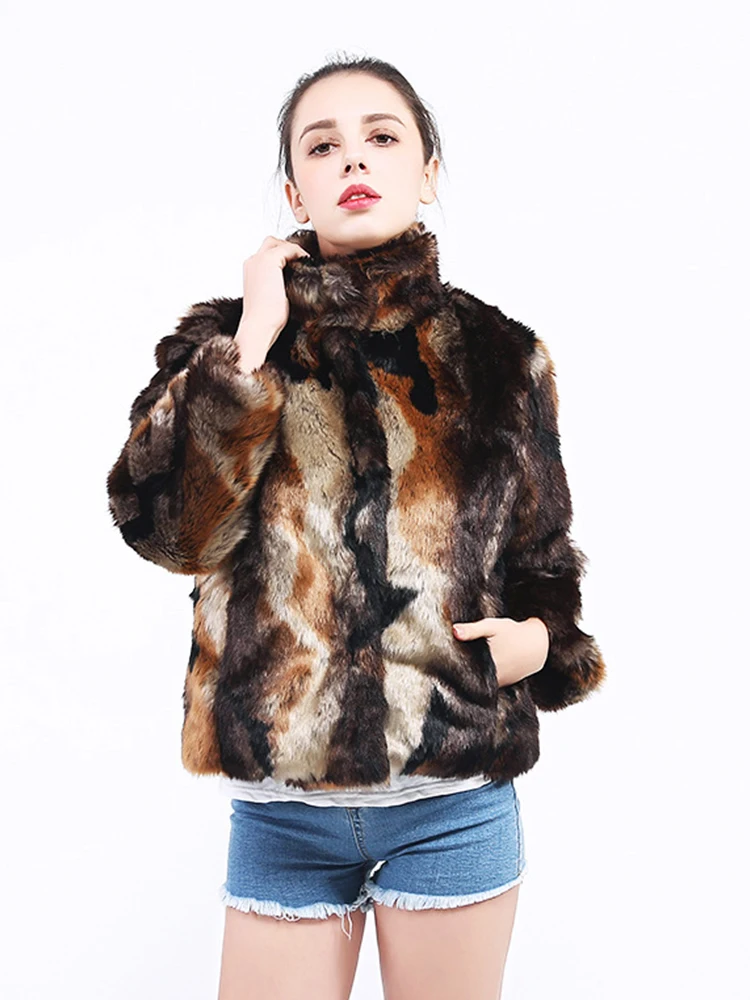 

FMFSSOM Winter New Women Faux Rabbit Fur Coat Fashion Casual Long Sleeve Warm Turn Down Collar tie Dyed Fur Outwears