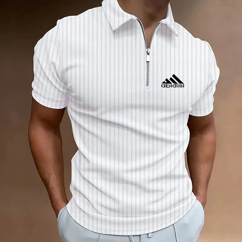 

Camisa polo masculina de manga curta com zíper, cor pura, verão, 2024