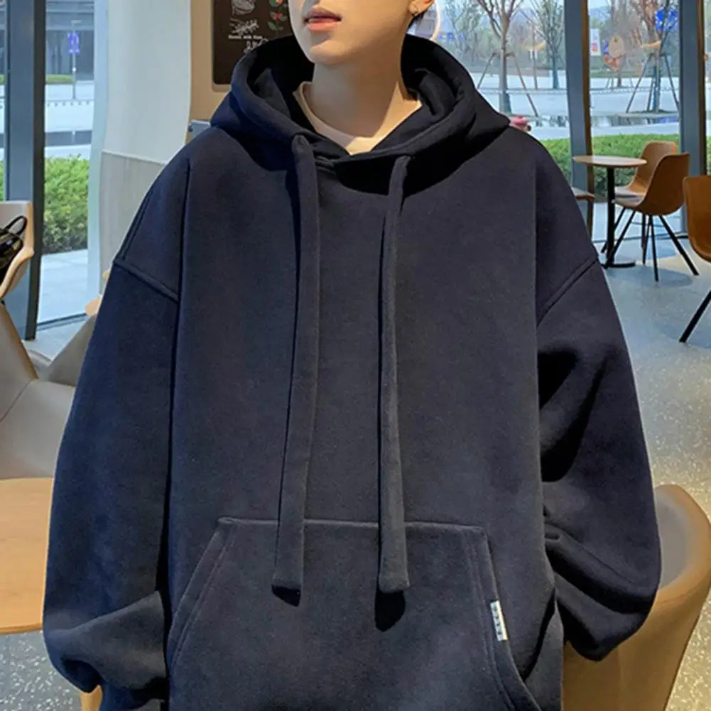 

Мужская Уютная толстовка с капюшоном, утепленный Свободный пуловер с кулиской и большим накладным карманом, Мягкая стильная уличная одежда, мягкая толстовка для зимы