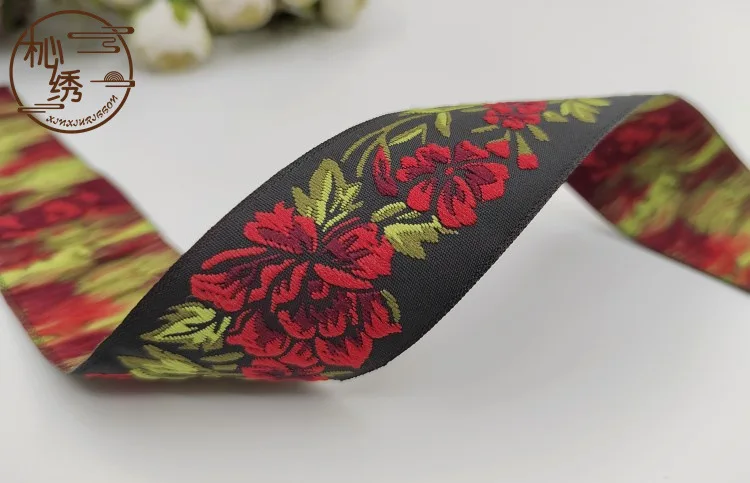 Golden Rose Flower Embroidered Jacquard Ribbon Trim, 10 Yards
