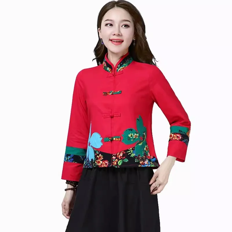 Single/plush Ethnic Style Jacket Women New Retro Long Sleeved Chinese Style Button Up Stand Up Collar Cotton And Linen Cardigan