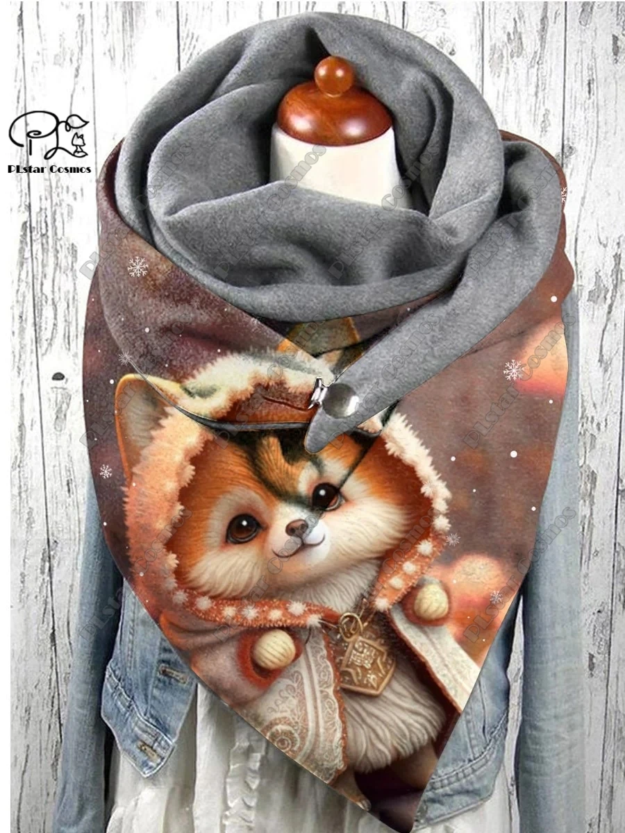 PLstar Cosmos 3D printed animal series cute fox pattern printed warm shawl scarf spring and winter large triangle scarf H-2