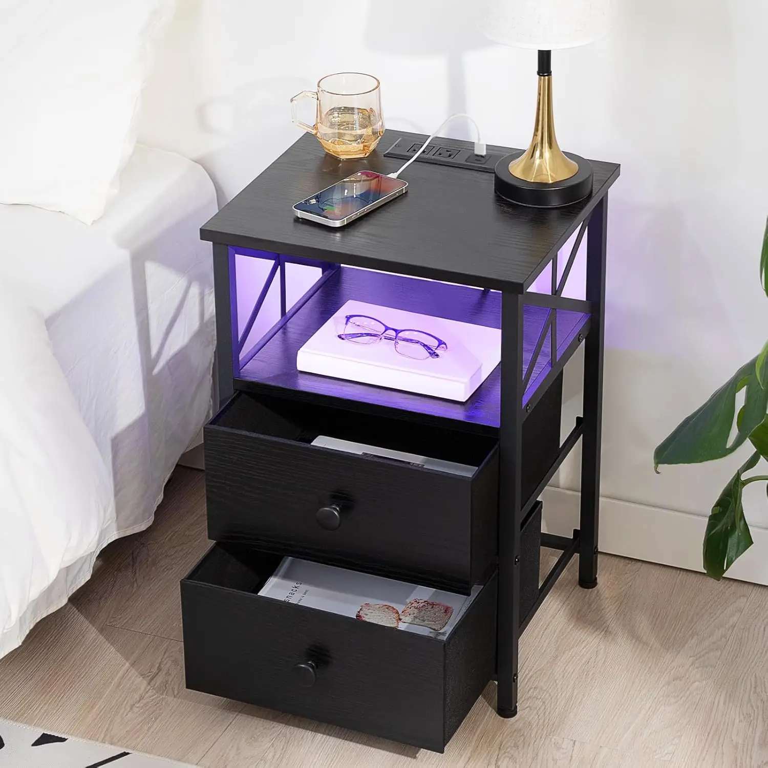 Night Stand Set 2, LED Nightstands for Bedroom Set of 2 with Charging Station, End Table with USB Port and Outlet, Si