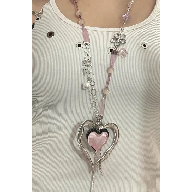 Y2K Jewelry Pink Heart Polka Dot Flower Pendant Necklace for Women Vintage Kawaii Accessories Chain Punk Korean Fashion Necklace 2