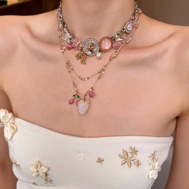 Y2K Sweet Mixed Media Choker Necklace Pink Pearl and Framed Portrait Charms Fruit Drop Coquette Statement Jewelry Gift 1