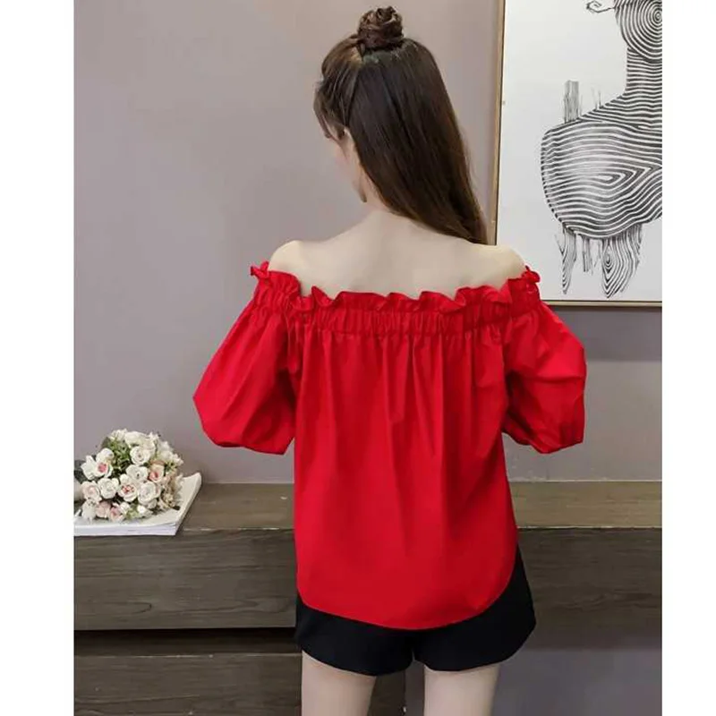 Red Sweet Off Shoulder For Women Bubble Sleeve Clothes Crop Top Casual Solid T-shirt Youthful Fashion Streetwear Trend All-match