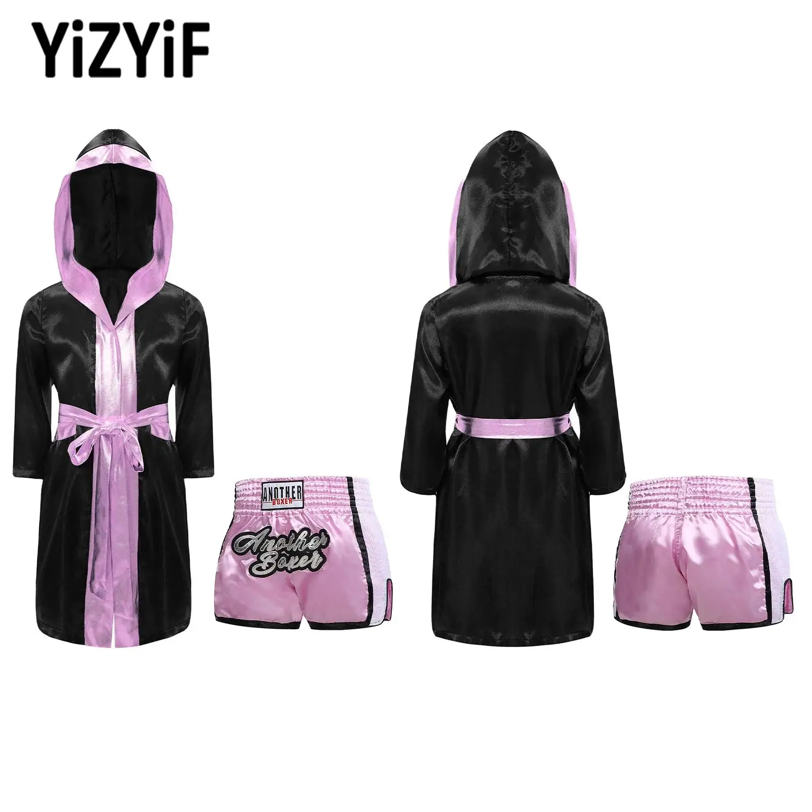 Children Boys Boxing Outfit Halloween Cosplay Costume Kid Long Sleeve Metallic Trim Satin Belted Robe Hooded Cloak+Short Set