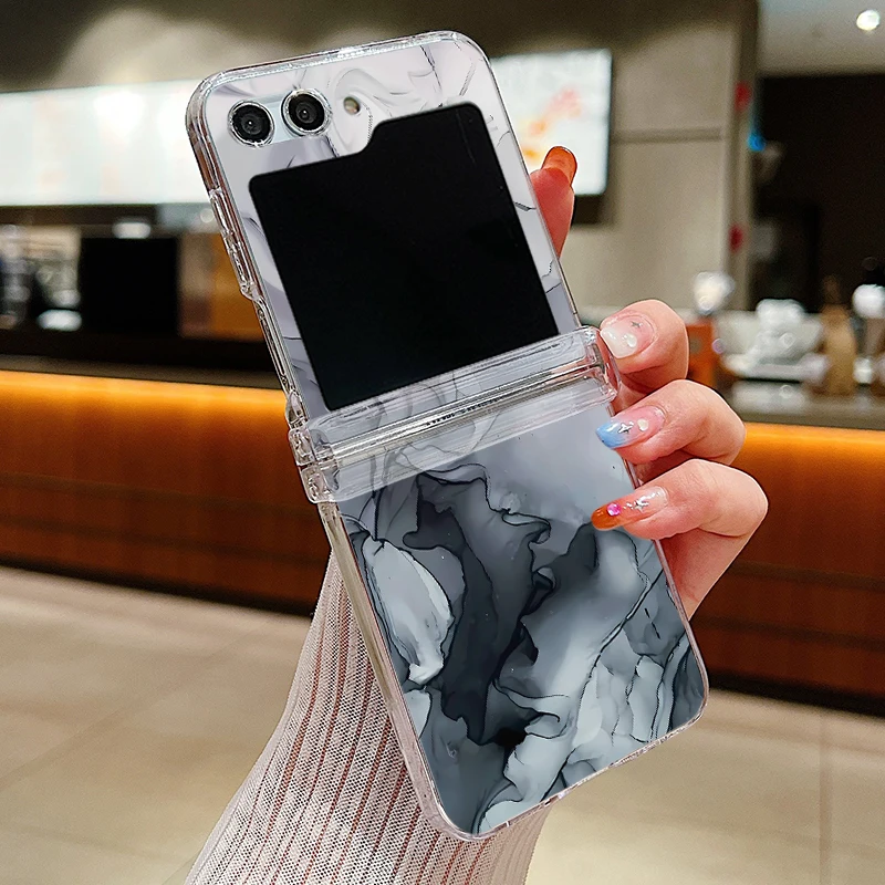 Ink Marble Pattern Transparent Folding Phone Case - Elegant Hard Cover Design