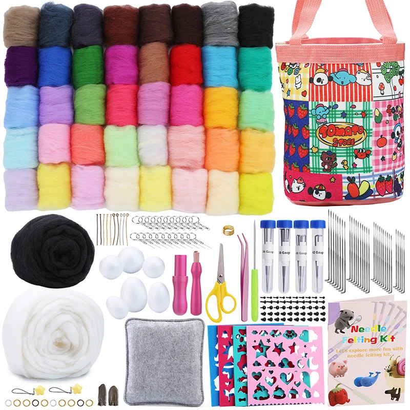 KRABALL Complete Needle Felting Kit Tools and Supplies with Multicolor Wool Roving Felt Mold Foam Pad for Doll Making DIY Craft
