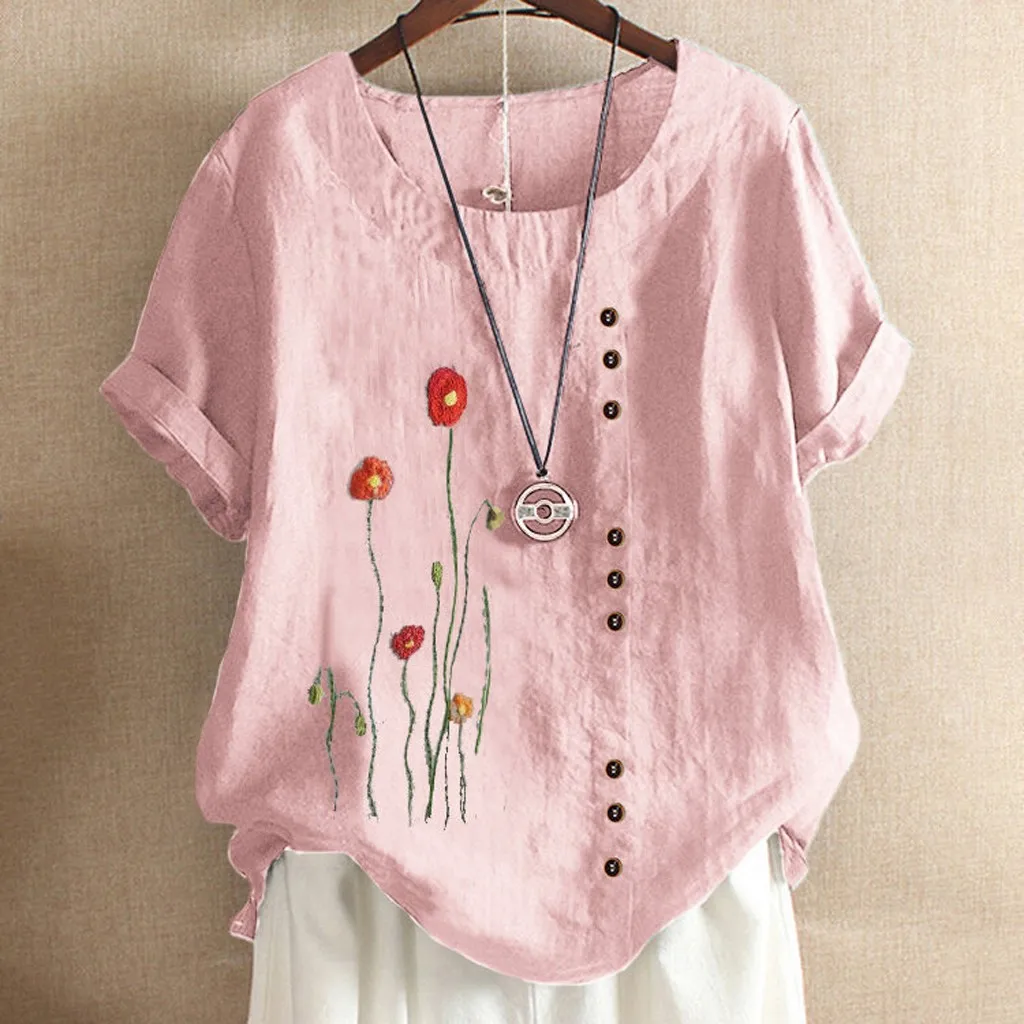 

Ladies Hot Sellig Tops Women Vintage Print O-Neck Floral Button Shirt Short Sleeves Top Blouse