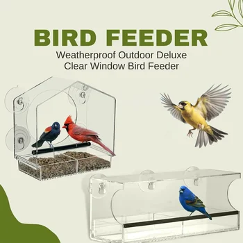Clear Window Bird Feeder, Large Bird House for Outside with Removable Sliding Tray Birdfeeders with Drain Holes Garden Decor