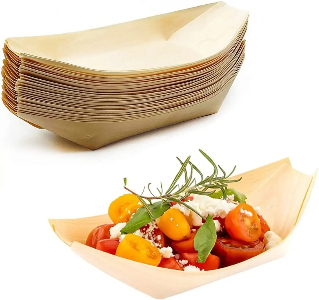 100pcs/Pack Disposable Sushi Trays Boats Plates Trays Disposable Sushi Wood Boat Natural Pine Wood Serving Boat Party Supplies