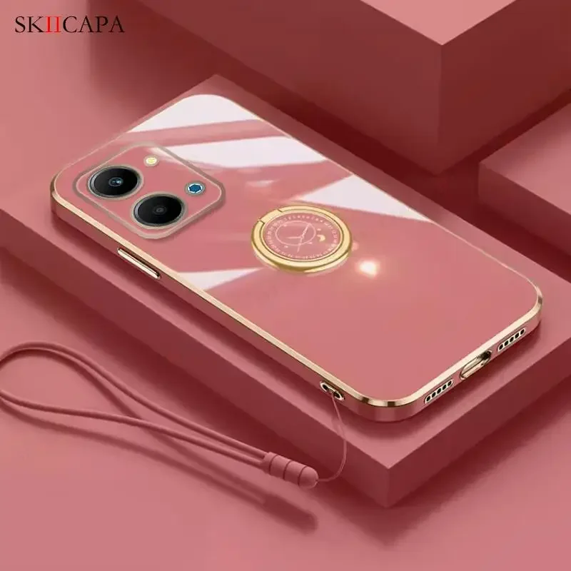 Plating Silicone Lanyard Phone Case with Ring Holder and Soft Cover