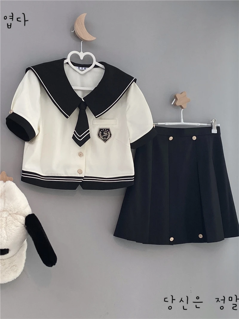 High School South Korea Students JK Uniform Short Sleeve Beige Shirts Black Pleated Skirt Female Summer Suit Basic Women