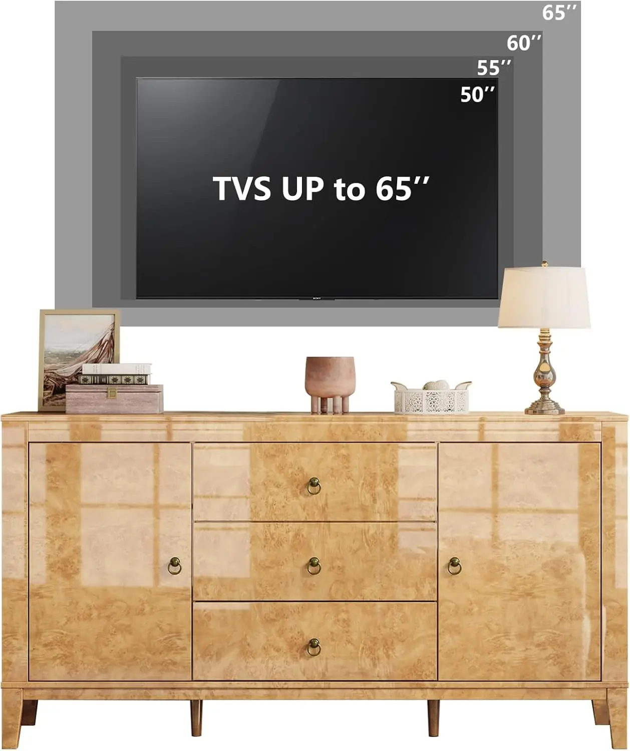High Gloss Sideboard Buffet Burl Wood 60'' Cabinet Buffet Table with 3 Drawers & 2 Closed Storages, Mid-Century Modern Sideboard 5