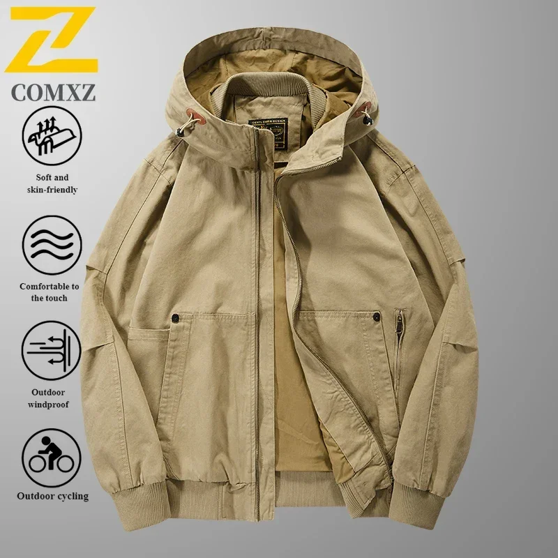 EiAO Autumn Work Jacket Men's Trendy Retro Pure Cotton Detachable Cap Windproof Jackets Male Travel Camping  Loose Flying Coat