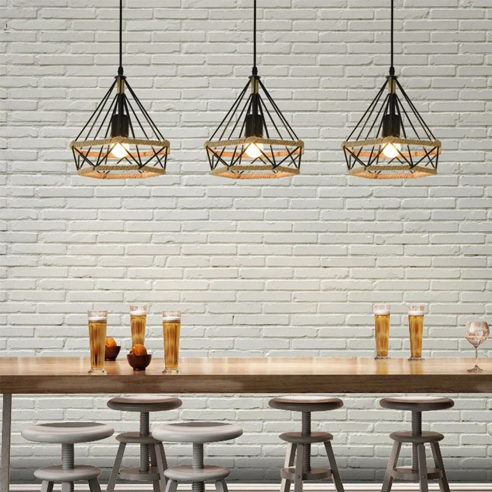 E27 Industrial Lighting Loft Pendant Light Vintage Lamp Shade Loft Coffee Bar Kitchen Hanging Pendant Light Metal and Hemp Rope