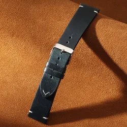 Quick Release Retro Oil Wax Genuine Leather Watchband in Calfskin - Multiple Sizes Available - 22mm (Dark Blue)