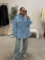 Col montant Multi poche taille cintré vêtements de travail femmes manteau bouton à manches longues haut ample automne dame loisirs vacances manteaux 2