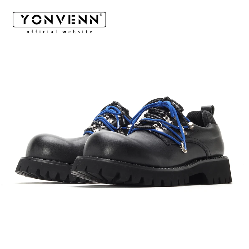 YONWENN Original Work Leather Shoes for Men's Fashion Double Lace Design Official Website Color blocked Big Head Formal Shoes