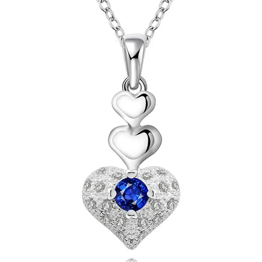 

Wholesale 925 Sterling Silver Necklace Wedding Women Elegant Heart Blue Crystal Pendant Fashion Jewelry Valentine's Gift