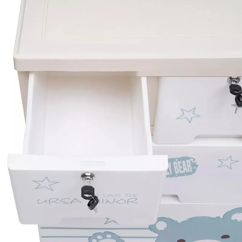 5 Layers Polar Bear Closet with 6 Drawers Tall Rolling Dresser Organizer Cartoon Style Shelf Dolls Storage Cabinet with Wheels 4