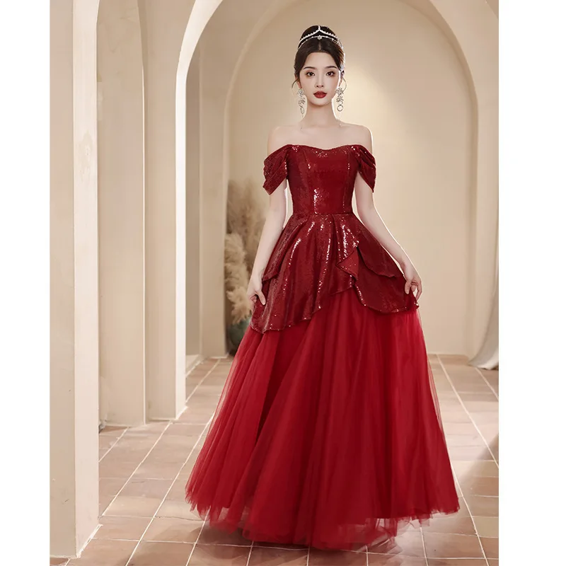 

Wine Red Off Shoulder Evening Dress Fashion Sequin Layered Cake Princess Dress Elegant Tulle Long A-line Engagement Dresses