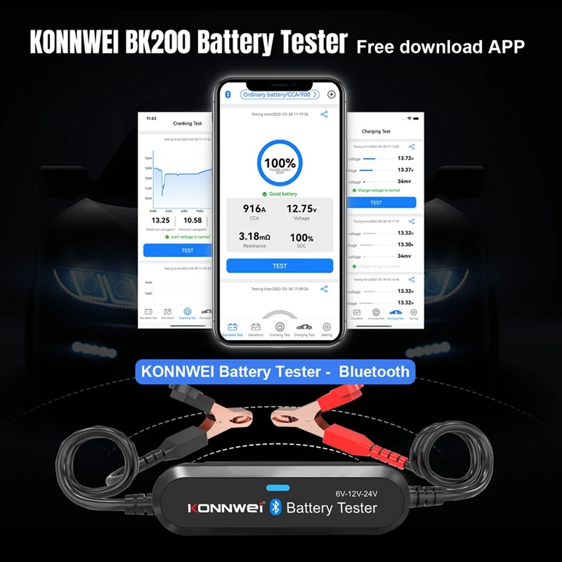 KONNWEI 자동차 블루투스 배터리 분석기, 자동차 트럭 SUV 보트용 납산 배터리 진단 도구, BK200, 6V, 12V, 24V