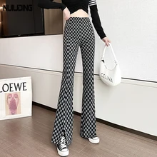 

2022 Spring Casual Woman Flare Pant Retro Split High Waist Checkerboard Grid Elastic Women Knitted Pant Female Slim Long Trouser
