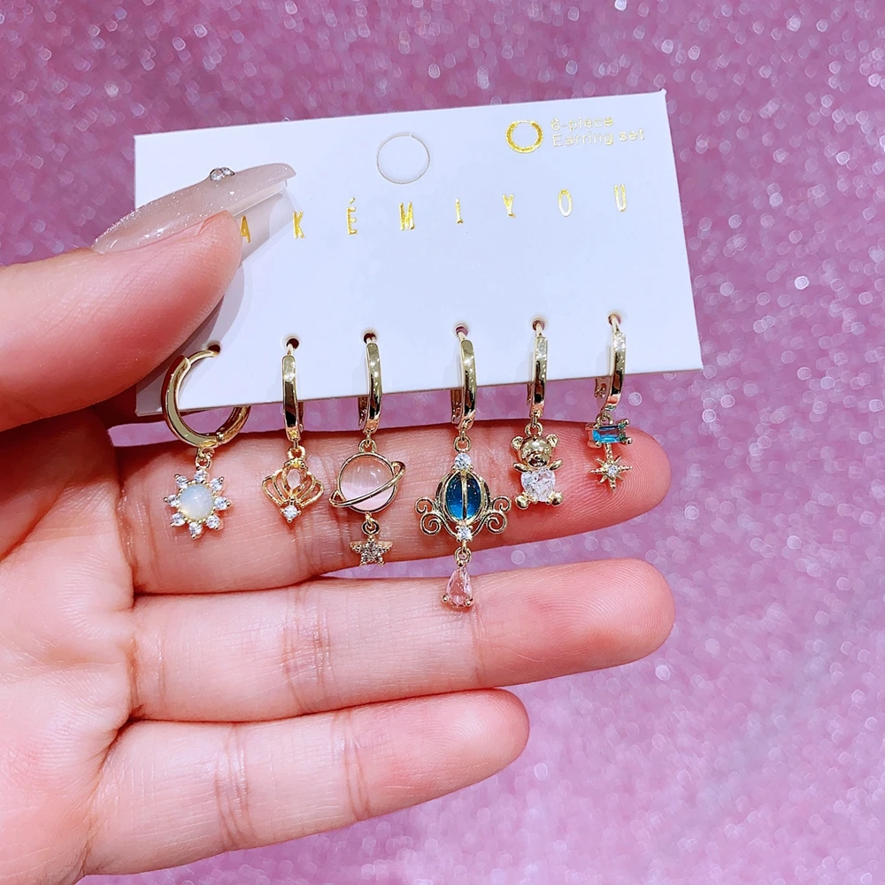 MIGGA 6pcs/set Lovely Fairy Princess Dangle Earrings Gold Color Zircon Stone Women Girls Party Jewelry 5