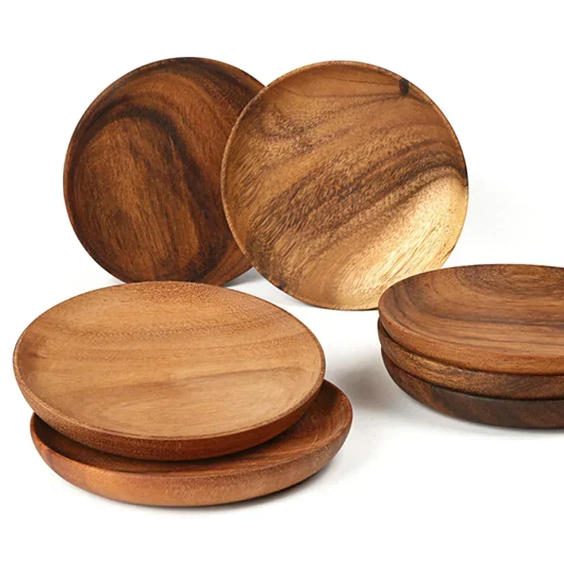 Round Wooden Plate Acacia Wood Serving Tray Dessert Food Plate Snack Dish Fruit Salad Appetizer Tray Wooden Utensils Tableware