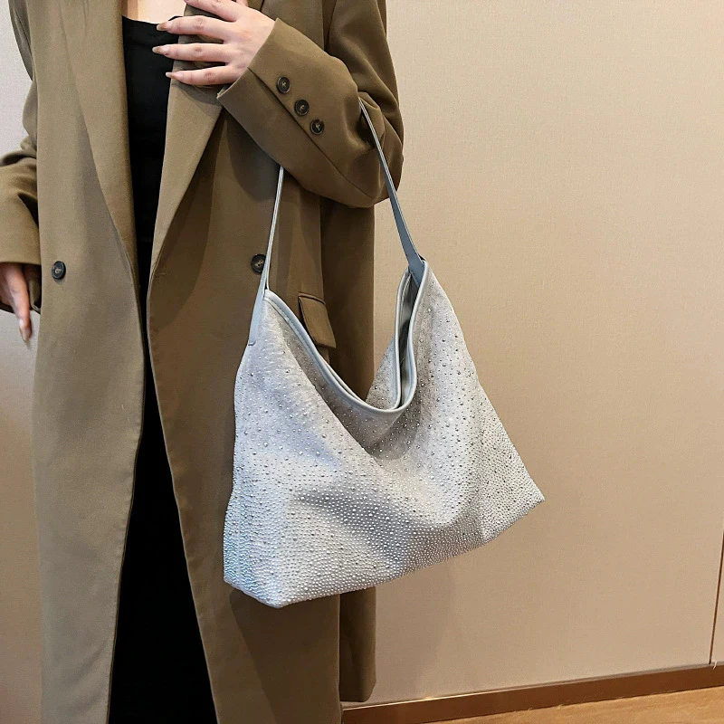 New Fashion Retro Design Tote Bag Shiny Rhinestone Shoulder Handbag Women Elegant Casual Large Capacity Underarm Purse