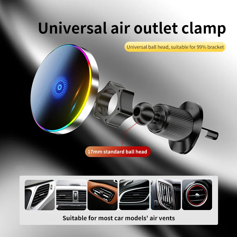 15W RGB Magnetic Wireless Charger Air Vent Phone Stand For Magsafe iPhone 17 16 15 14 13 12 Pro Max Fast Charging Station Mount