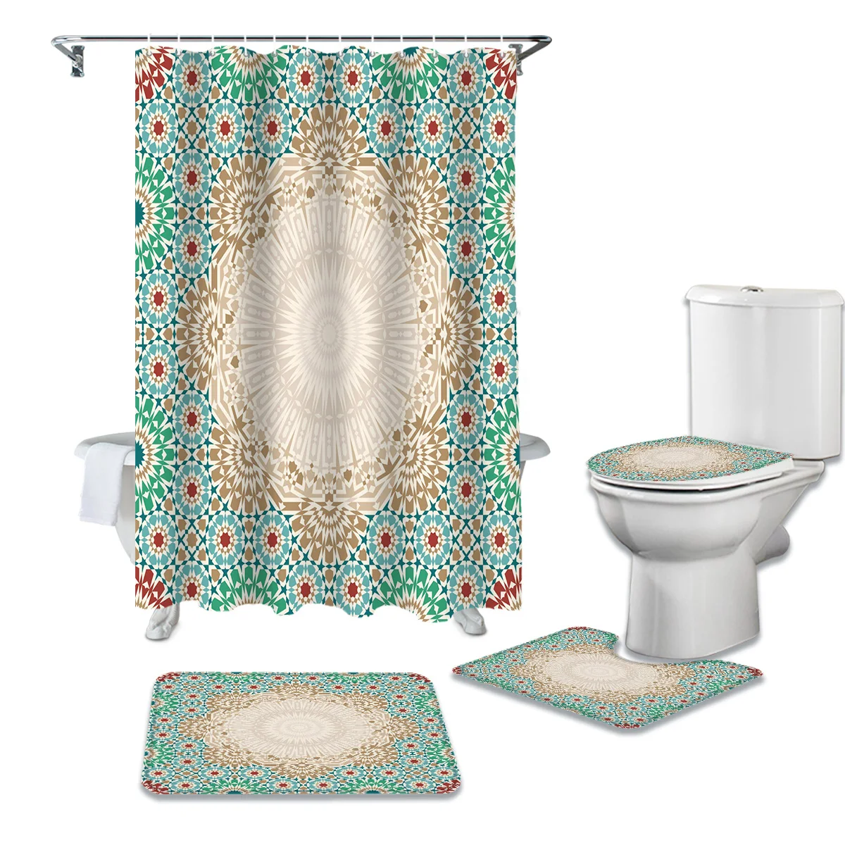 Morocco Pattern Pattern Shower Curtain Set Anti slip Bath Mat Toilet Cover Waterproof Polyester