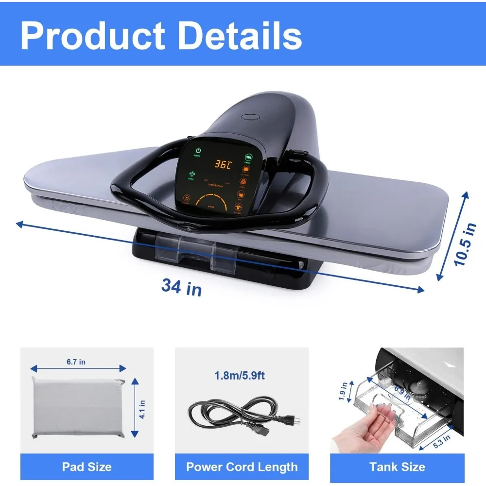 34" Large Steam Iron Press with LED Touch Screen, 1800W Steam Press with 5 Fabric Settings Language 4
