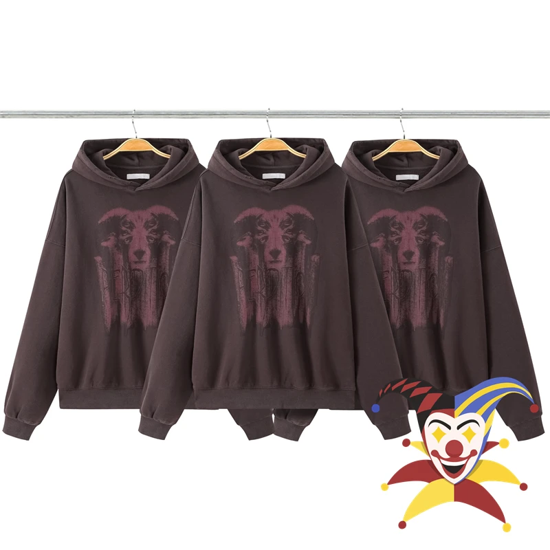 

Goat Print Washed Hoodie Men Women Heavy Fabric Make Old Vintage Damaged Pullover Hooded