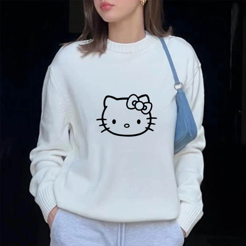 Sanrio Hello Kitty Print Knitted Pullovers For Female Round Neck Kawaii Anime Harajuku Knitwear Clothes 2000s Top Women Pullover 2
