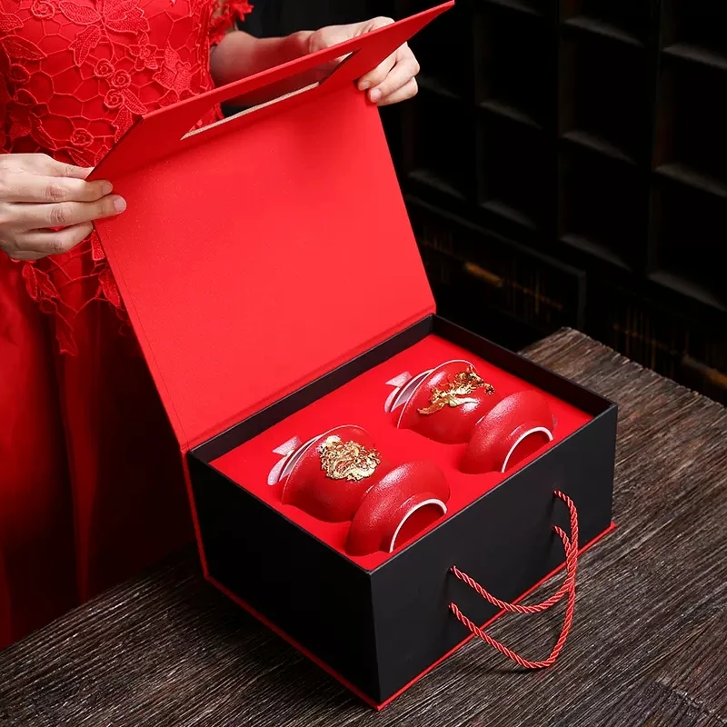 Jing Cha Cup-Ceramic Mouth Modification Set, Red Tea Cup, High Grade Cover Bowl, Wedding Pair, Newly Married