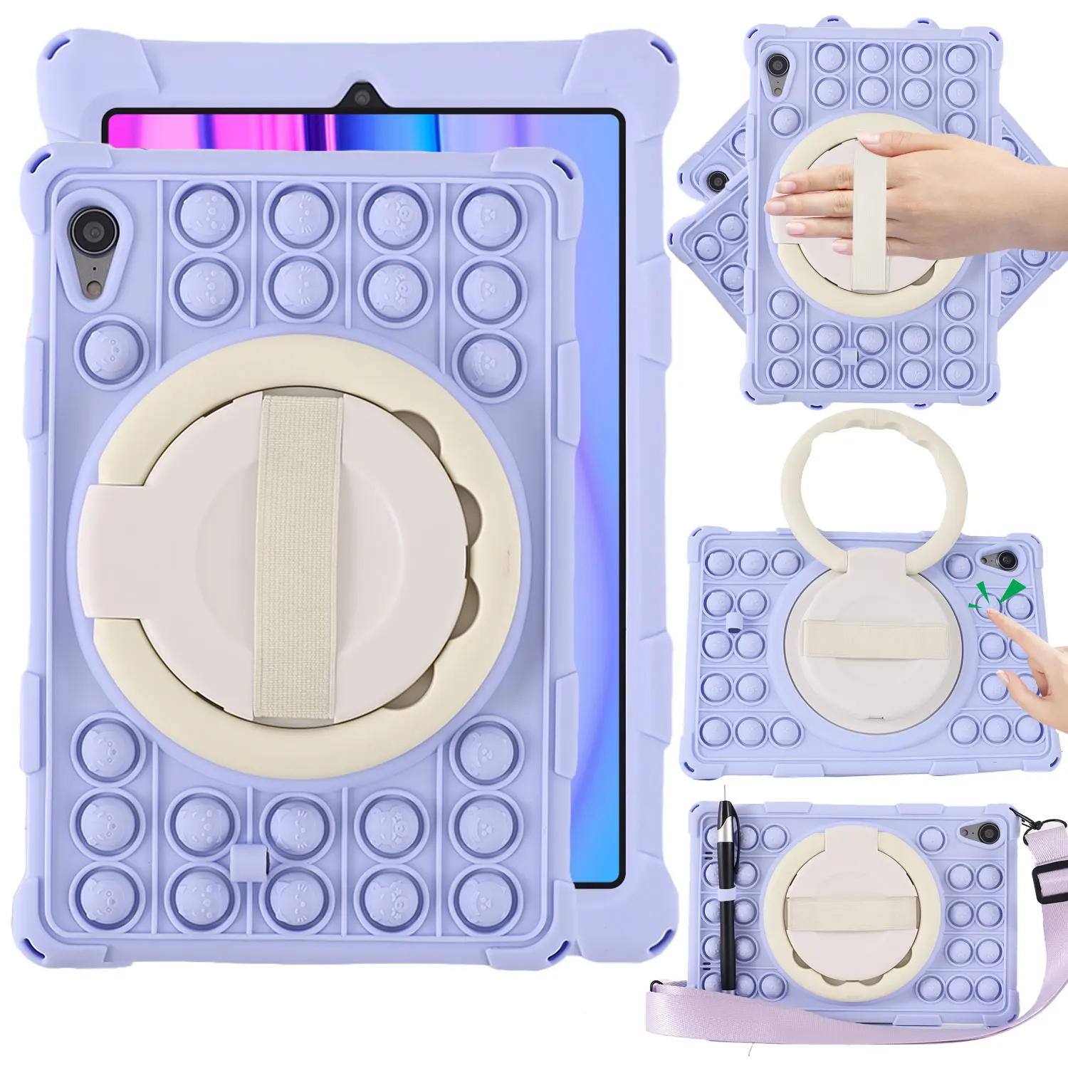 Shockproof Silicone Cartoon Bubble Kids Tablet Case with Shoulder Strap & Stylus Holder
