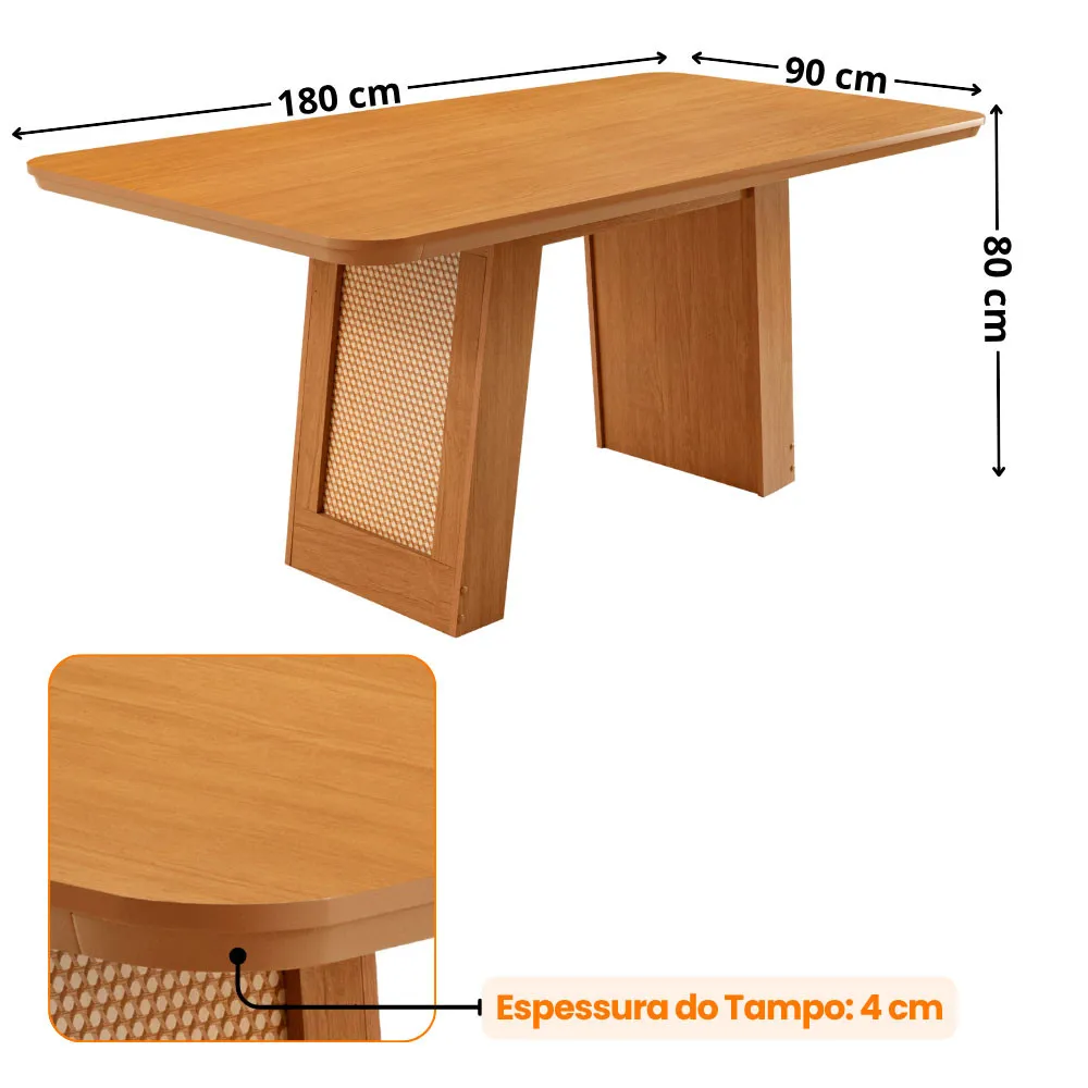 Mesa de Jantar Carolina 180cm Tampo Mdf Canto Copo Moderna Mobília 2