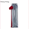 WHITNEY WANG Designer Style 2025 Spring Fashion Streetwear Color Contrast Side Bow Jeans Women Denim Pants Plus Size S- 5XL 1