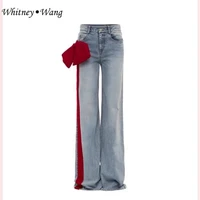 WHITNEY WANG Designer Style 2025 Spring Fashion Streetwear Color Contrast Side Bow Jeans Women Denim Pants Plus Size S- 5XL 1