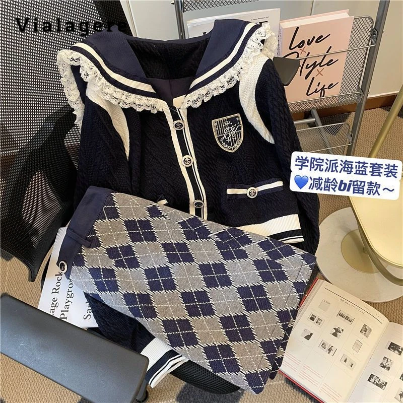 

2023 Summer Preppy Style Skirt Uniform Two Piece Set Women Patchwork Lace Coat Top + Plaid Short Skirt Sweet Skirt 2 Piece Set