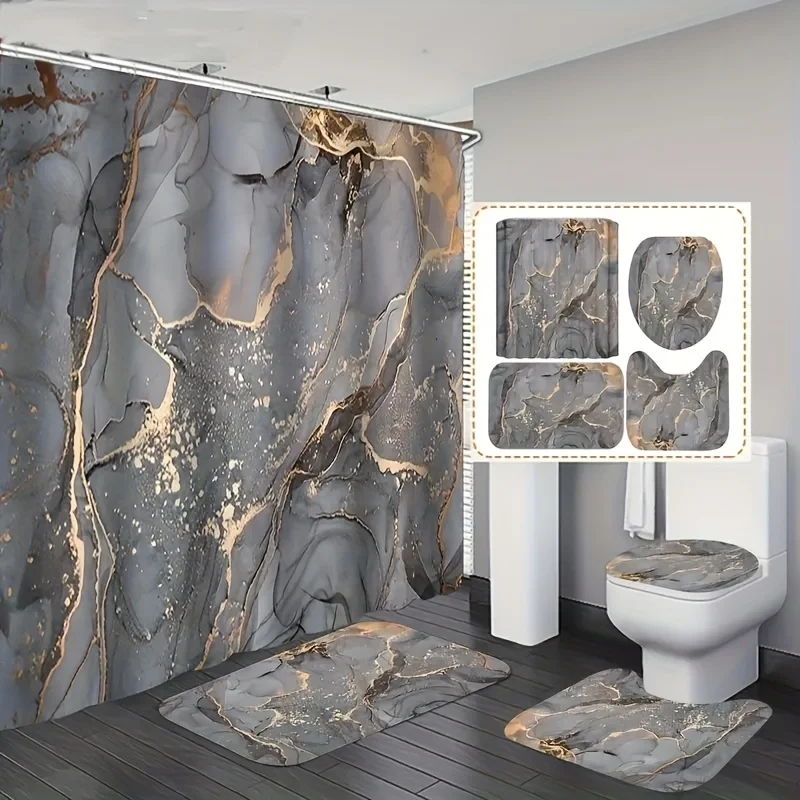 1/4pcs Marble Pattern Shower Curtain Set, Crackle Golden Texture Bath Curtain With 12 , Anti Slip Bathmat U Shaped Toilet Mat An