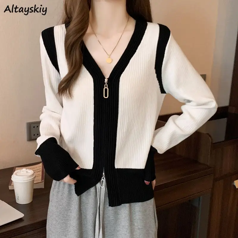 

Women's Cardigans Autumn Winter Zipper Basic Knitting Jacket Loose Vintage Contrast Color Design Ulzzang Stylish Office Ladies