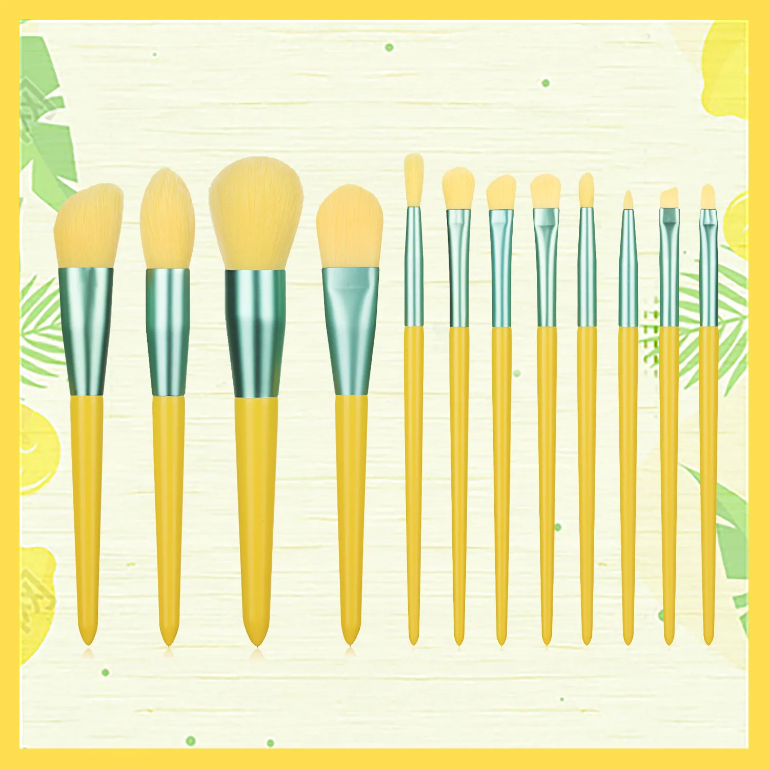 Lemon Yellow Makeup Brush Set Of 12 Sets Of Wooden Handle Paint Brushes