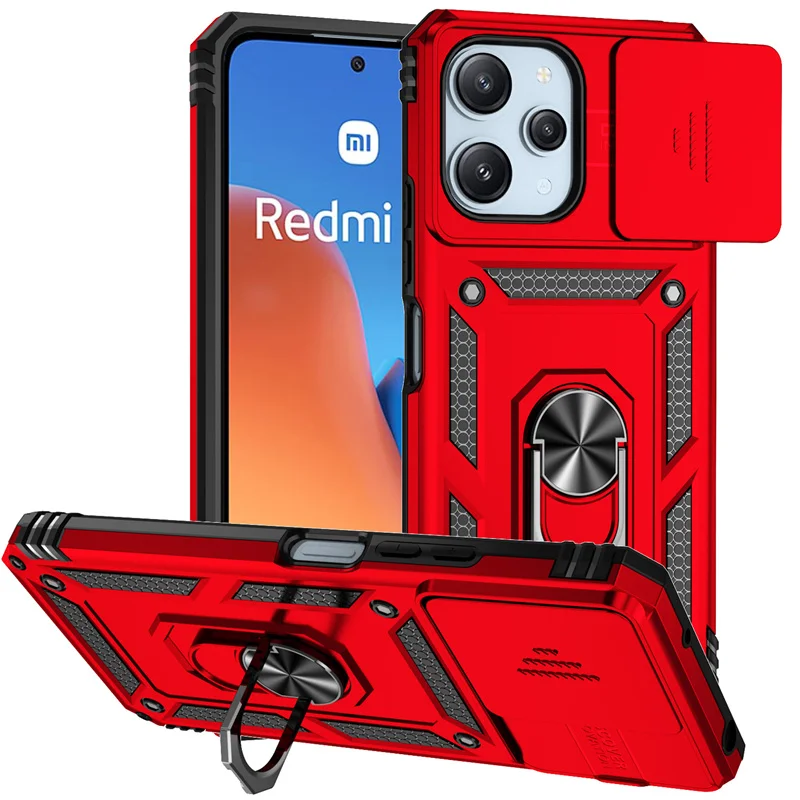 Enhanced Shockproof Armor Phone Case with Ring Holder and Slide Lens Protector for Xiaomi Redmi 12 4G (2023)