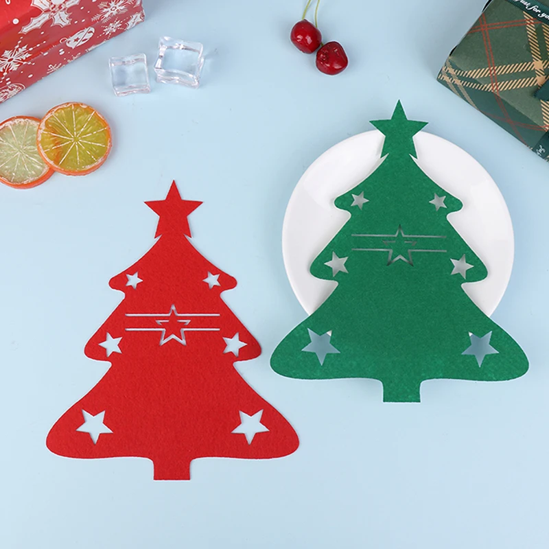 12Pcs Christmas Tree Shaped Felt Cutlery Mats With Stars Decor Durable For Home Christmas Festive Party Table Decor Accessories