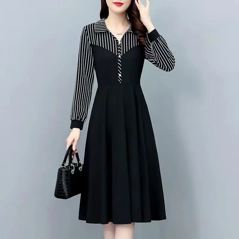 

2023 Fashion Autumn Elegant Color Blocking Vintage Dress Women Basic Office Dresses Big Swing A-line Casual Party Vestidos V306